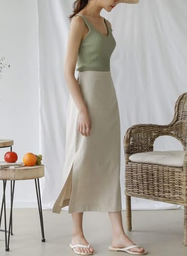 Ylingjun Womens High Waisted Straight Cotton Linen Long Skirt with Slit3