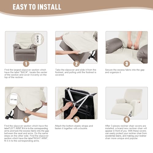 Image of KinCam Recliner Covers, Stretch Reclining Chair Covers, Recliner Sofa Slipcovers Stripe Jacquard Recliner Couch Covers Furniture Protector Covers for Pet Kid (1 Seater, Cream)