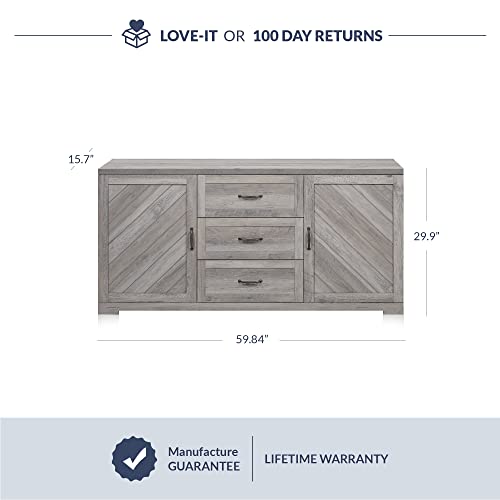 Belleze Sideboard, Console Table Or Buffet With Three Drawers & Four Shelves, Space Saving Media Storage Cabinet, Holds Up To 70Lbs - 60 Inch - Hilo (Gray Wash) #TOP1
