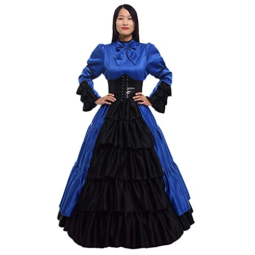 GRACEART Femmes Victorienne Robe avec Jupon et Ceinture Medieval Carnaval Vêtements (2XL, Bleu)