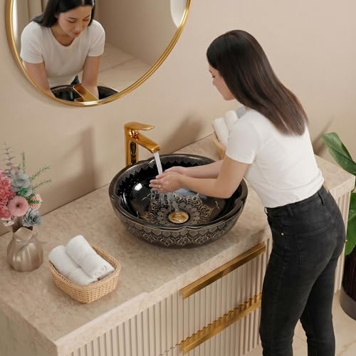 Image of BASSINO 16.5x16.5x5 Inches Moroccan Ceramic Table Top Wash Basin /Glossy Black Designer Bowl Sink for Bathroom /Vanity Sink /Handcrafted Flower Shape Countertop Washbasin for Office /Hotel(Glossy)