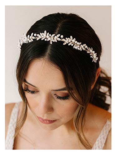 SWEETV Rhinestone Bridal Headband Silver Crystal Tiara for Women Pearl Wedding Headpieces for Bride Hair Accessories for Prom Birthday Party