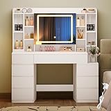 HEXCELEN 120 cm Coiffeuse avec Miroir et Éclairage LED, Table de Maquillage avec 8 Tiroirs...