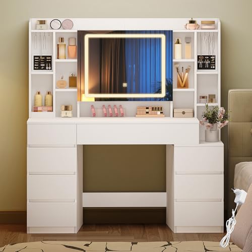 HEXCELEN 120 cm Schminktisch mit Spiegel, Großem Spiegel, Frisiertisch mit 8 Schubladen und 11 Offenen Fächern, Integrierte Schmuckablage, 40 × 120 × 141 cm, Weiß