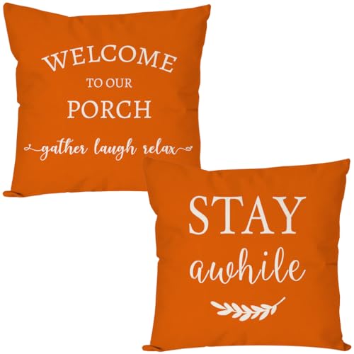 PANDICORN Welcome to Our Porch Stay Awhile Farmhouse Throw Pillow Covers 18x18 Set of 2...