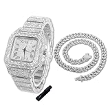 Halukakah Diamonds Watch Iced Out for Boy Teens Kids - Platinum Plated,40mm Square Dial,Japanese Quartz - 8' Length - Comes with Cuban Chain 16',with Watch Adjuster Tool - for Birthday,Parties