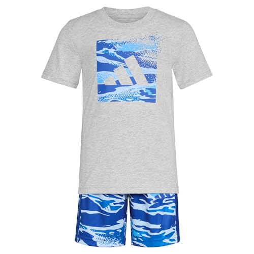Image of adidas Boys' Short Sleeve Cotton Heather Tee Shirt and Aop Camo Short Set