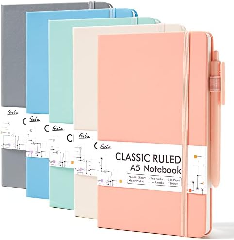 feela 5 Pack A5 Notebooks Hardback, Notepads A5 Ruled Lined (120 GSM), Journal Notebook Multipack with 5 Black Gel Pens for Business Work, Journaling, Note Taking, 128 Pages, 21 x 13 cm, Yellow