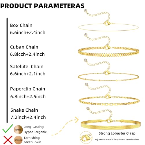 Bracelet for Women - Dainty Stack Bracelets Trendy Adjustable 14K Gold Plated Thin Paperclip Bead Box Satellite Figaro Cuban Link Chain Bracelet Set for Women Waterproof Jewelry Gift