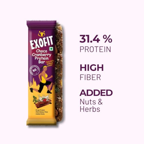 Image of Exofit Choco Cranberry Protein Bar 35 gm (Pack of 4 Bar) Protein Blend, High fiber, Low Calories & Carbs, No Added Preservatives, No Added Sugar - 140g