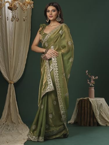 Image of SAREE MALL Women's Satin Silk Embroidered Saree With Unstitched Blouse (KRIYNS4001 KH Parent)