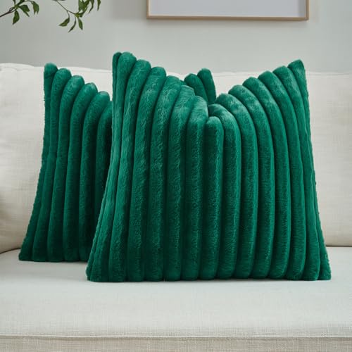 FUTEI Emerald Green Striped Decorative Throw Pillow Covers 16x16 Inch Set of 2,Square Fall Decorations Couch Pillow Case,Soft Cozy Faux Rabbit Fur & Velvet Back,Modern Home Decor for Bed
