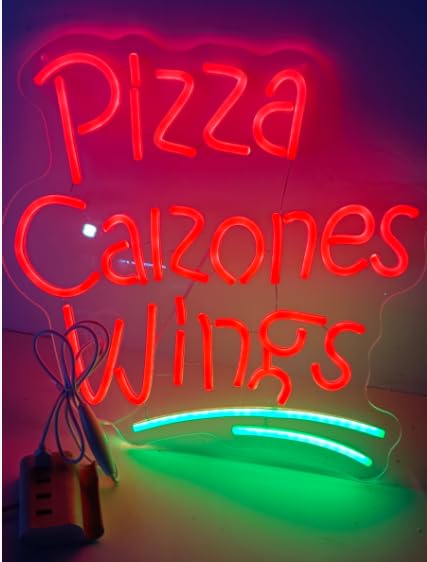 Image of Neon Signs Beer Bar Cafe Shop Sign Pizza Calzones Wings Neon Signs for Hotel Pub Cafe Man Cave Neon Light Art Wall Lights 16 X 14 Inches Handmade LED Neon Tubing Signs