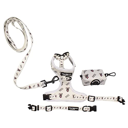Paw Highness Dog Walking Harness, Collar, Leash & Poo Bag Holder Set Boss Dog Extra Small, Cream