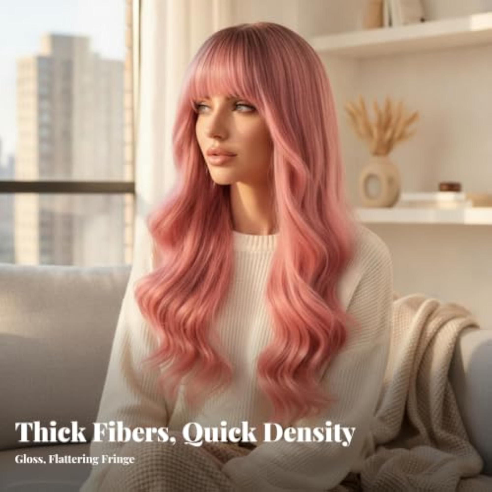 Women's Heat-Resistant Long Wavy Hairpiece with Bangs, Off-White