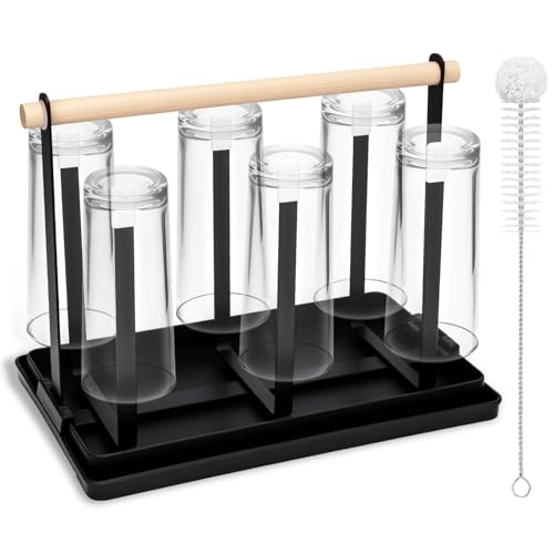 BBWELL Porte-Bouteilles 6 Places​​ – egouttoir Bouteille avec poignée en Bois & Brosse de Nettoyage,incluant ​​bac gouttoir Noir...