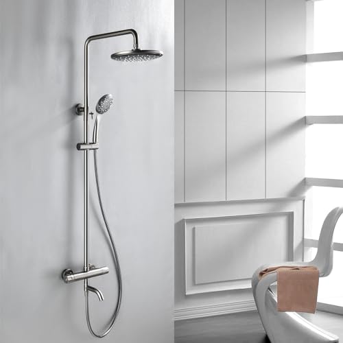 BEITH Thermostatic Shower System, 3 Functions Shower Mixer Set, 10in/25cm Round Stainless Steel Shower Head, with 90° Rotation Bath Tap, 3 Mode Hand Shower, Brass Body, Height Adjustable