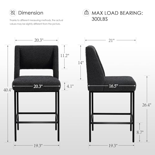 Image of Zesthouse Upholstered Counter Height Stools Set of 4, 26 inch Boucle Fabric Bar Stools with Back, Metal Barstools Heavy Duty 300 Lbs, Modern Counter Height Chairs for Kitchen Island, Black(Dark Grayish)
