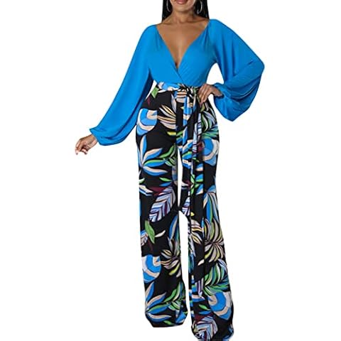 EDITCOZY Women Casual 2 Piece Outfits Pants Sets Deep V Neck Solid Color Long Sleeve Top Loose Print Long Pants with Belt, Blue, Small Cover
