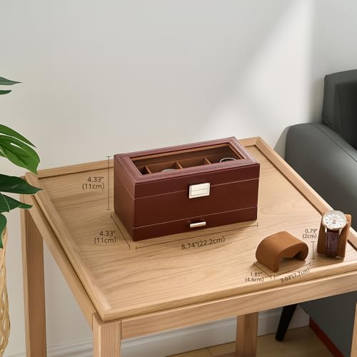 ProCase Caja para 4 Relojes, Estuche de Reloj de Doble Nivel con Tapa de Cristal, Organizador para Relojes, Anillos y Pulseras, Regalo Ideal para Navidad, Cuero Sintético -Marrón - imagen 3