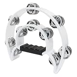 PHITUODA Tambourine Double Row, Metal Jingles Hand Held Percussion, Half Moon Tambourine for Kids/Adults/Party Kids-White