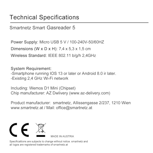 Smartnetz Smart Gas Reader 5 BK4 / BK G4- WiFi mit APP Anbindung & Tasmota INAPP Fernsteuerung | WLAN | MQTT | HOMEASSISTANT | Für alle BK4 Modelle Gaszähler AUSLESEN (Gasreader 5)