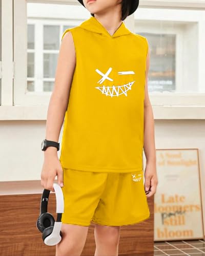 Image of Kids Boys Summer 2PCS Outfits Sleeveless Hooded Loose Casual Top Shirt and Elastic High Waist Sports Short Pant Set