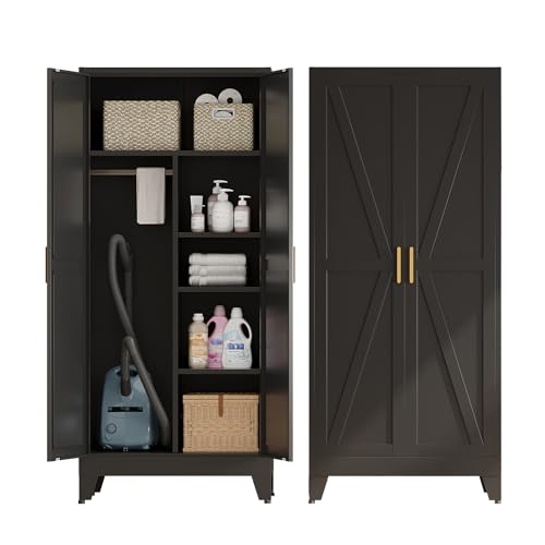 Image of Metal Broom Closet Cabinet, Utility Storage Cabinet with 4 Shelves, Farmhouse Metal Closet with Doors, 71 inch Tall Storage Cabinets with Hanging Rod and Clothing Shelf for Hallway Laundry Mudroom