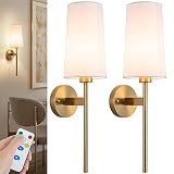 Battery Operated Wall Sconce with Remote,White Fabric Shade Wall Sconce Set Of 2 Battery Powered Sco