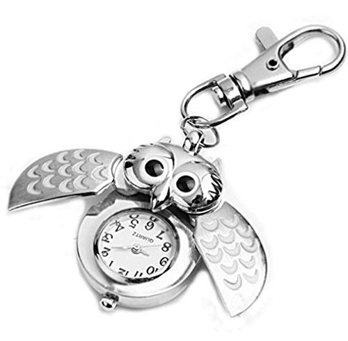 Spaufu – Taschenuhr in Eulenform als Schlüsselanhänger für Auto, Rucksack, Handtasche, Taschen, als Hängeornament für Herren, Damen, Mädchen als Geschenk oder Zubehör silber