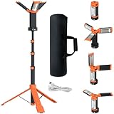 RELIANCER Rechargeable Cordless LED Work Light w/29"-74" Telescoping Tripod Stand,Triple Rotatable LED Lamps,Outdoor IP65 Waterproof LED Flood Light,Camping Emergency Worklights for Job Site,Workshop