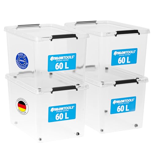 ATHLON TOOLS 4x 60 L Aufbewahrungsboxen mit Deckel, lebensmittelecht -...