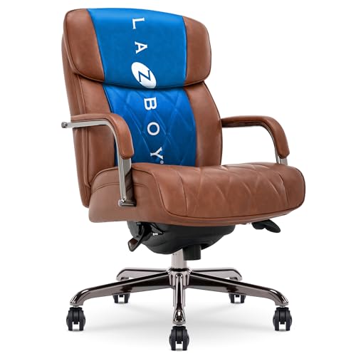 La-Z-Boy Symphony Executive Mid-Back Office Chair, Diamond Quilt Seat and Back, Pocket Coil Cushion, Padded Armrests, Ergonomic Computer DeskChair, Swivel Metal Base, Bonded Leather, Cognac/Graphite