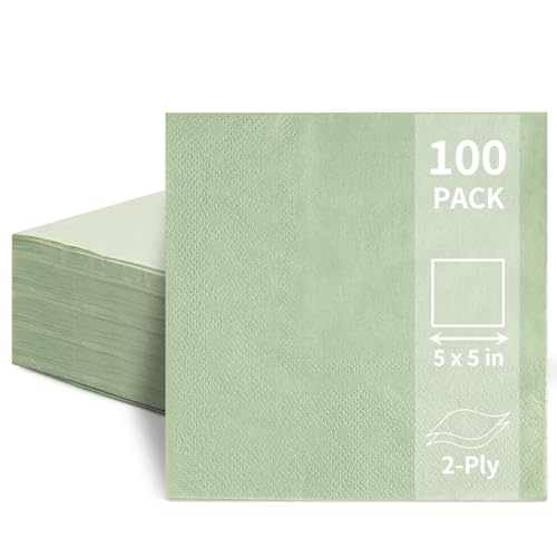 100 Pack Cocktail Napkins 2-Ply 5x5 Inch Beverage Napkins Square Edged Disposable Paper Napkins for Wedding Birthday Party Dinner Coffee Bar (Sage Green)