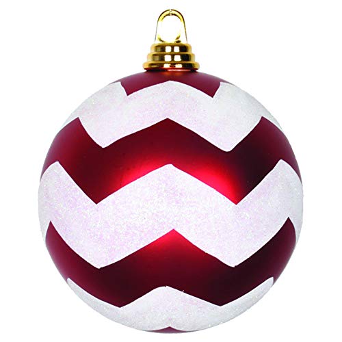 Vickerman 6" Christmas Ornament Chevron Ball, Red and White Matte Finish, Shatterproof Plastic, Holiday Christmas Tree Decoration