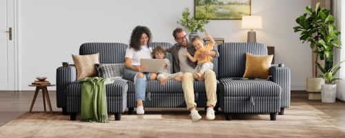 Image of LINSY HOME Sectional Sleeper Sofa with Pull Out Couch Bed - Convertible Plush Corduroy Cloud Couch with Storage Chaise & USB Charging, Comfy U Shaped Modular Couches for Living Room, Grey
