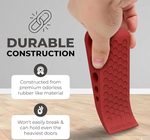 Image of Door Stoppers Red for Bottom of Door Premium Floor Rubber Door Stop Wedge Made in USA Heavy Duty Honeycomb Design for Carpet, Tile, Ideal for Home, School, Commercial