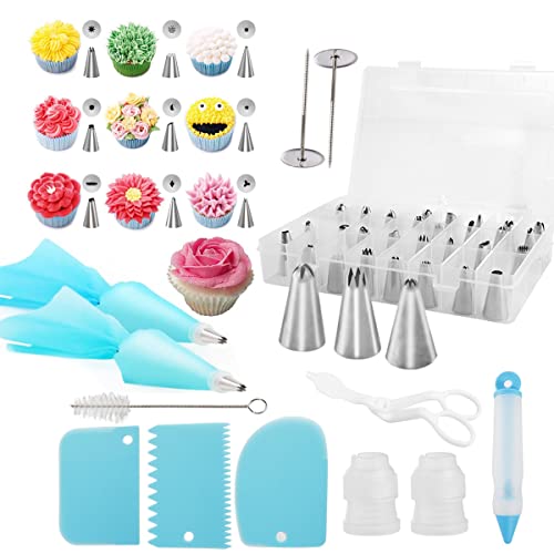 Ddfly Cake Decorating Kit, 42Pcs Russian Piping Tips Set - 30 different patters Nozzles Bags Flower Nail Scrapers, Lifter, Coupler, Icing Pen, Brush, Reusable, with Transparent Box, Blue