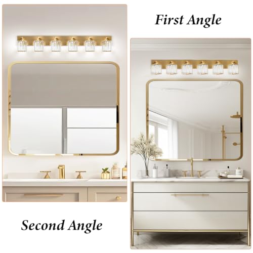 Image of Gold Crystal Bathroom Vanity Light, 6-Light Modern Bathroom Lighting Fixtures Over Mirror,Chrome Wall Sconce Light Fixtures with Square Shade