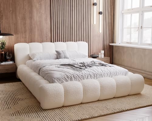 Emporius Cloud lit Coffre 160x200, Lit rembourré avec Rangement, Sommier à Lattes - Lit Double 160x200, Tissu bouclé Crème (Anthology 1)