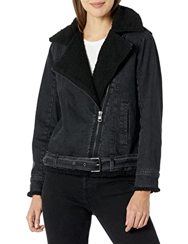 Calvin Klein Women's Oversized Belted Moto with Sherpa Denim Jacket