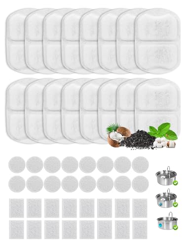 16 Sets Pet Water Fountain Replacement Filter Cat Fountain Filters for 7L/230oz/1.8G Stainless Steel Dog Water Dispenser Triple Filtration Replacement Filters and Sponges for Dogs & Cats