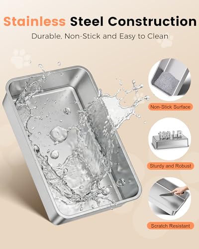 Katzenklo Edelstahl, Katzentoilette Groß XXL mit Schaufel, Katzenklo mit Abnehmbares Hoher Rand, Halbgeschlossene Katzentoilette Metall für Katzen, Geruchsfrei, Leicht zu Reinigen, Hellgrau