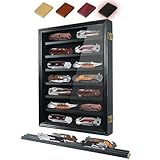 ASmileIndeep Pocket Knife Display Case 7 Rows Lockable Wooden Knife Shadow Box with HD Tempered Glass, Military Folding Knife Cabinet Stand for Wall with Removable Shelves, Black