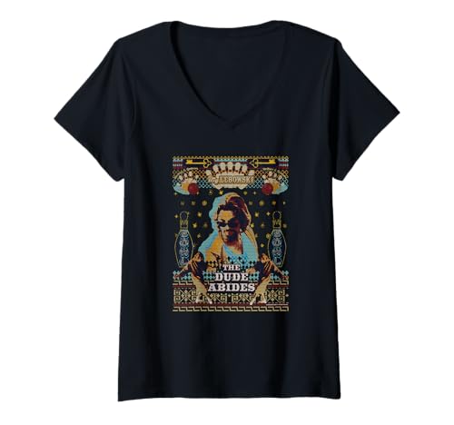 Womens The Big Lebowski Christmas The Dude Abides Ugly Sweater V-Neck T-Shirt
