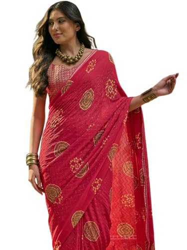 Image of SIRIL Women's Georgette Bandhani Printed Saree With Unstitched Blouse Piece