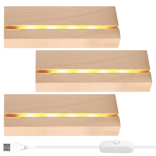 KOIROI 3 Pièces Socle Lumineux Led Bois, Bases d'éclairage LED Rectangulaires en Bois, Base Led Lumineuse Support LED avec Interrupteur Usb pour cristal plaque...