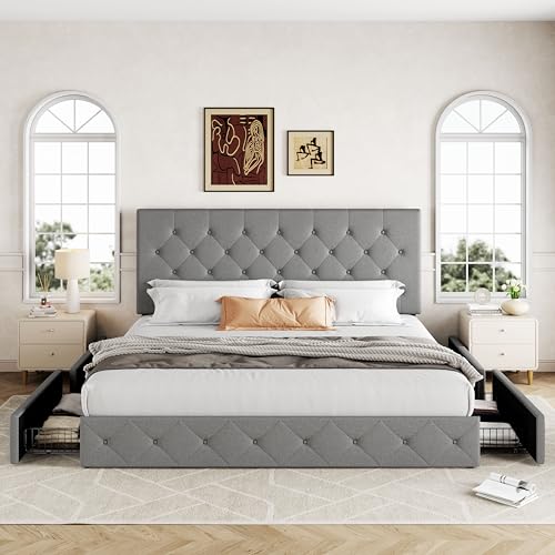 image for Allewie Upholstered King Size Platform Bed Frame with 4 Storage Drawer