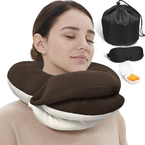 BUYUE Oreillers de voyage pour avions, soutien de la tête à 360 ° pour un long vol, doux pour la peau et respirant, kit avec masque contour des yeux 3D,...