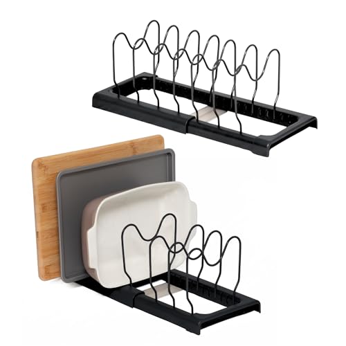 simplywire – Supporto allungabile per teglie e taglieri – Confezione da 2 – Rastrelliera per Coperchi - Organizer per credenza da Cucina – Acciaio Rivestito in Plastica Nera